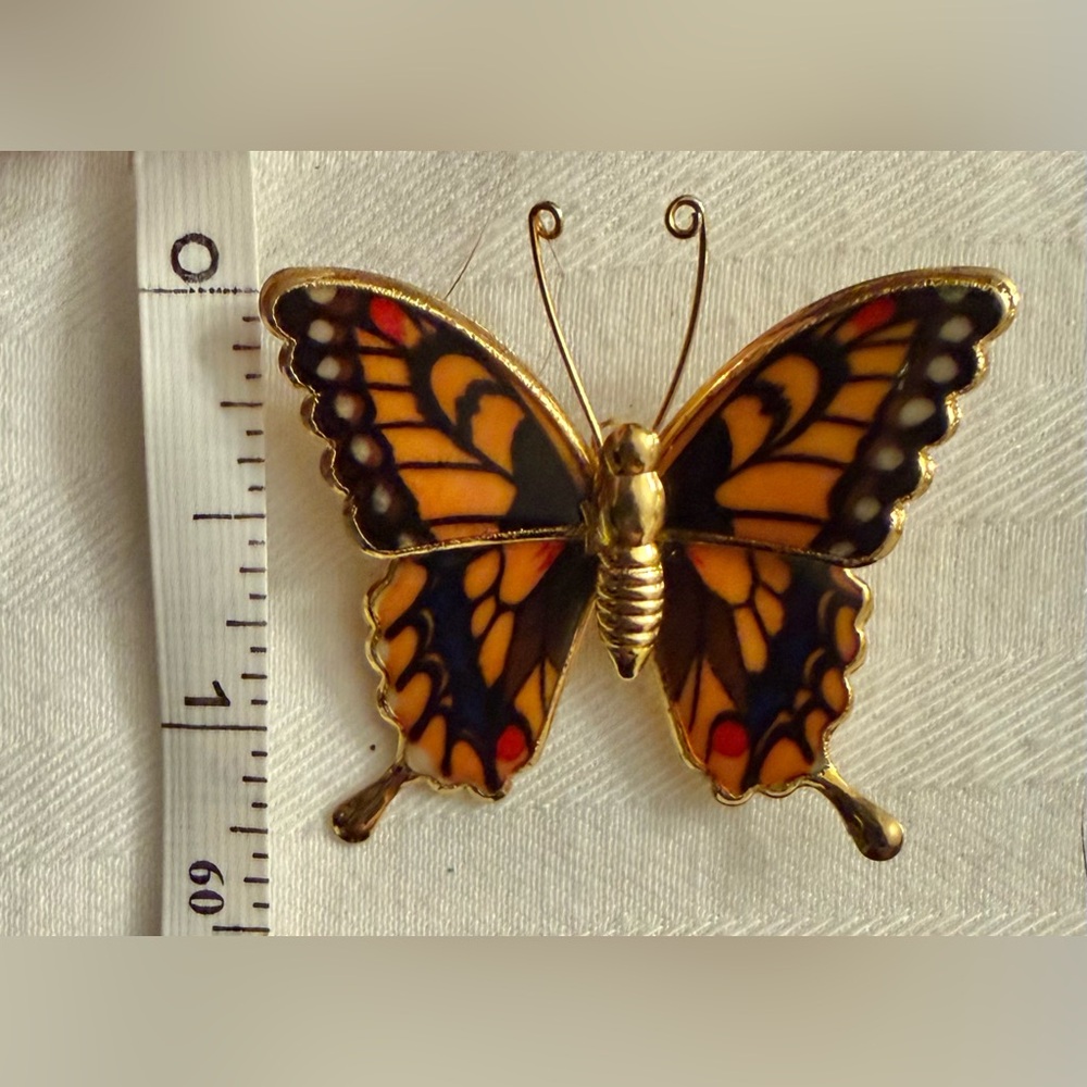 Monarch Butterfly Orange Black God tone Brooch - Picture 10 of 10
